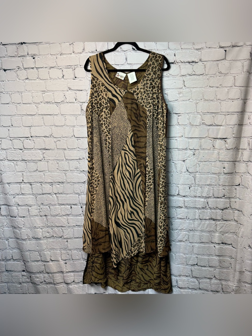 Vtg 90s Y2K Disney World Animal Kingdom Print Brown Tan Flowy Maxi Dress Size XL